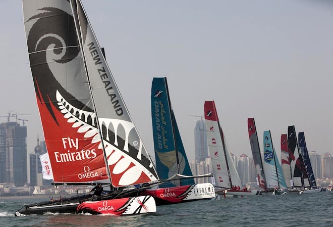 2011 fleet on the start in line in Fushan Bay, QIngdao - Extreme Sailing Series Act 2, China © Lloyd Images http://lloydimagesgallery.photoshelter.com/